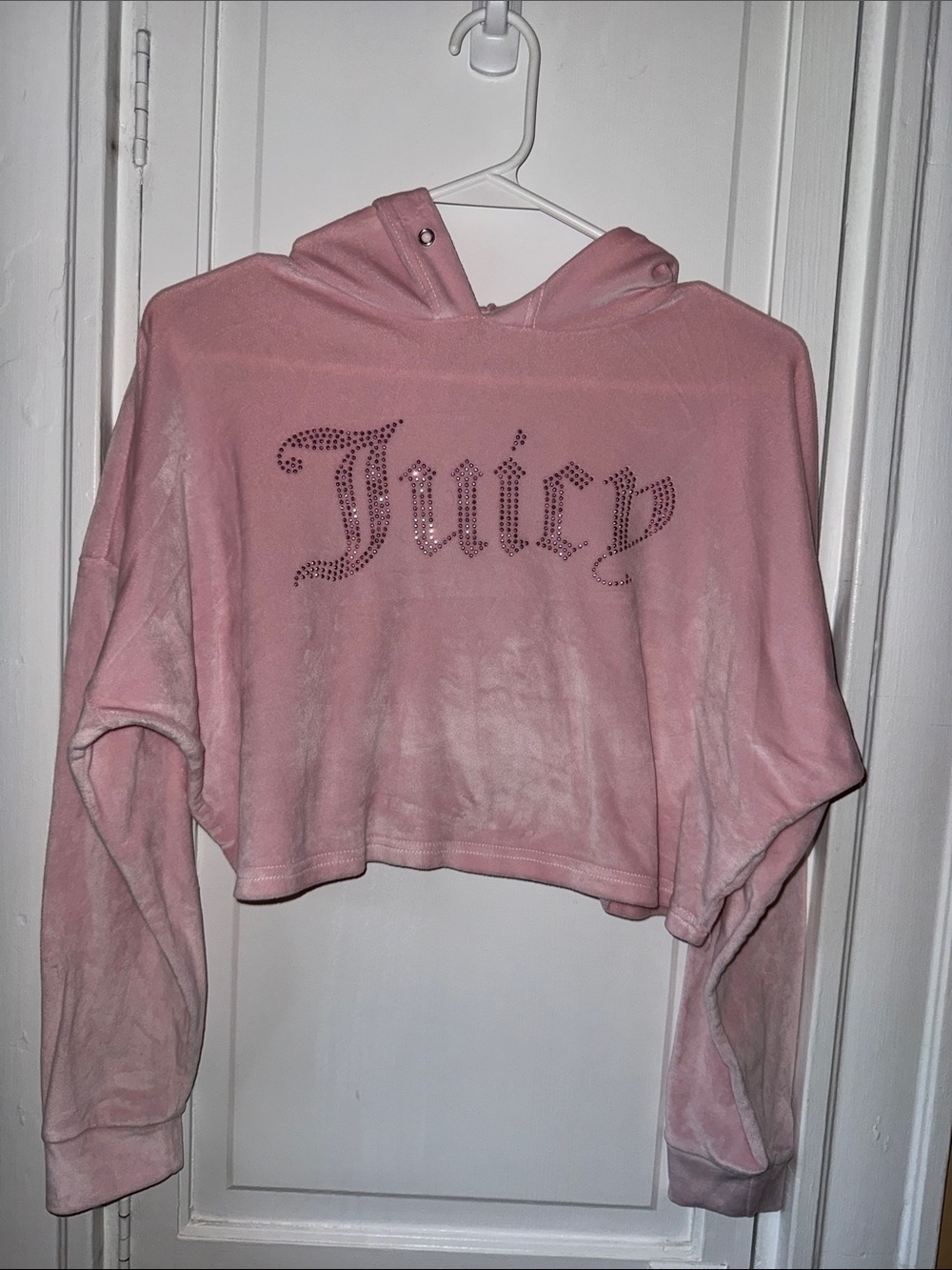 Juicy Couture Dusty Pink Velour Cropped Hoodie with Rhinestone Juicy Logo